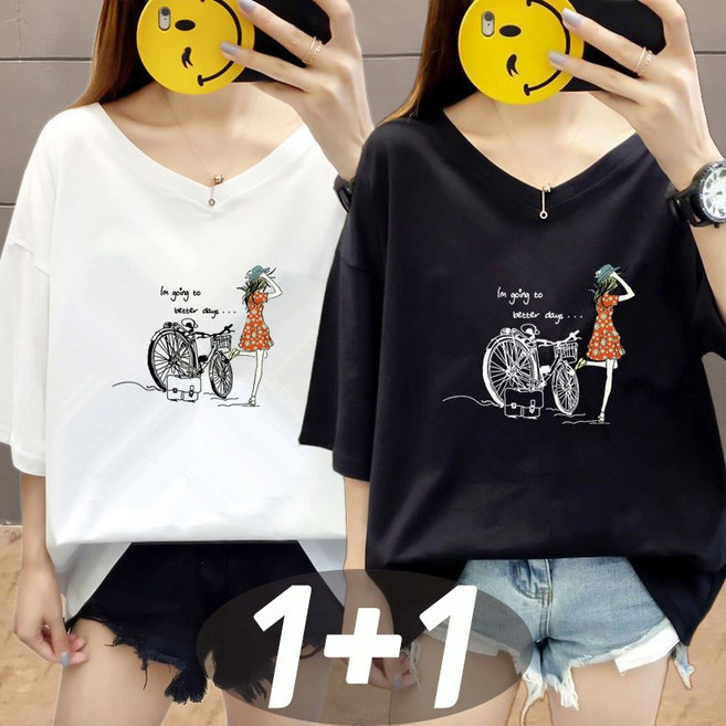 2장묶음 (1+1) 오버핏 프린팅 반팔티셔츠 여성의류 오버핏 학생티 날씬해보이는 브이넥 롱티 박시티 ~150kg까지