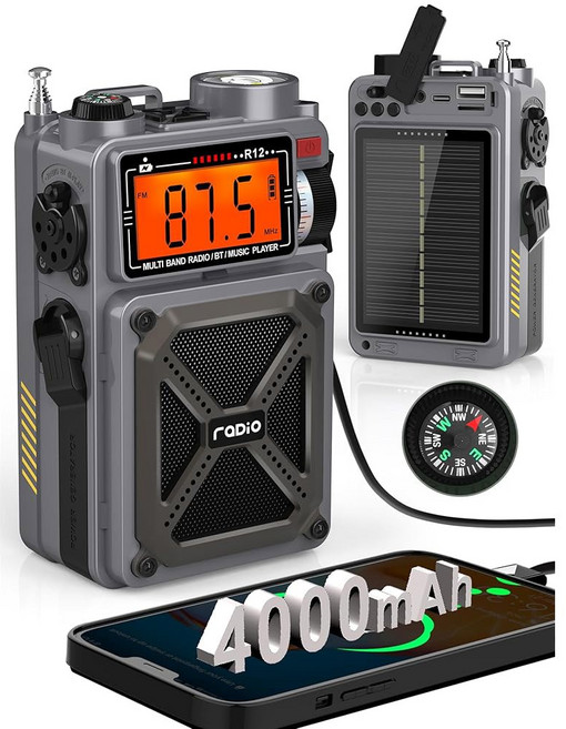 블루투스 5.4 AM /FM /SW NOAA 날씨 경보 기능 포함 디지털 단파 라디오 4000MAH 긴급 라디오 핸드 크랭크 솔라 5W 스피커 /SOS /플래시라이트 /SD 카드