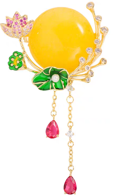 연꽃 브로치 노란색 원석 진주 큐빅 골드 여성 우아한 정장 코트 악세사리 선물용