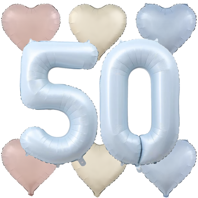 파파 파티 대형 하늘색 숫자 풍선 세트 기념일 생일, 1세트, 하늘 50 + 크림 하트 6p