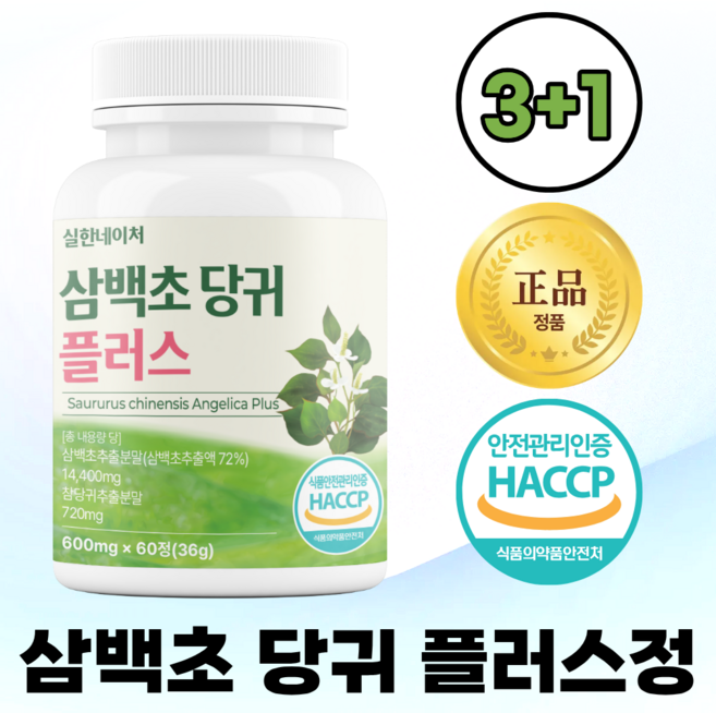 실한네이처 삼백초 추출물 당귀 플러스 100% 정품 haccp, 4개, 60정