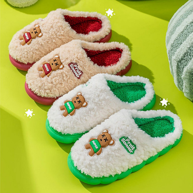 남여공용 푹신한 거실 실내화 겨울용 곰돌이 슬리퍼, 상세페이지 참조, 아이보리, 1개