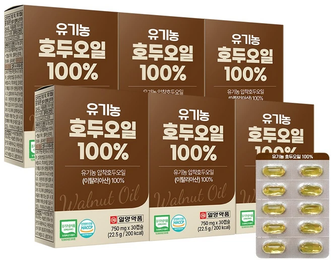일양약품 유기농 호두오일 100%(750mg x 30캡슐), 6박스, 30정 - 쿠팡