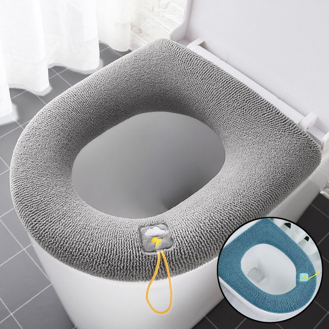 미즈코스 타올 변기 커버 시트 탈부착 워셔블 쿠션 양변기 패드 덮개, 1세트, 그레이+다크블루