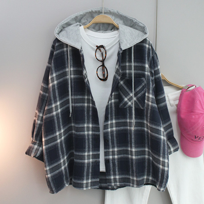 달콩 여성 빅사이즈 봄신상 체크남방 워닝체크후드롱셔츠