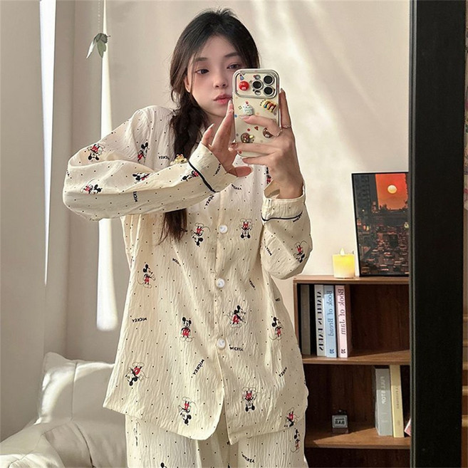 꽃소담 여성 면 긴팔 잠옷 세트 부드러운 수면 파자마 상하의 세트