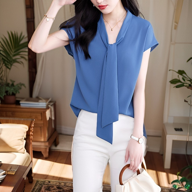 여성용 빅사이즈 셔츠 리본 블라우스 반팔티