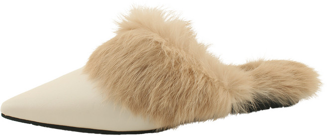 천연 토끼털 퍼 스틸레토 로우힐 플랫 뮬 블로퍼