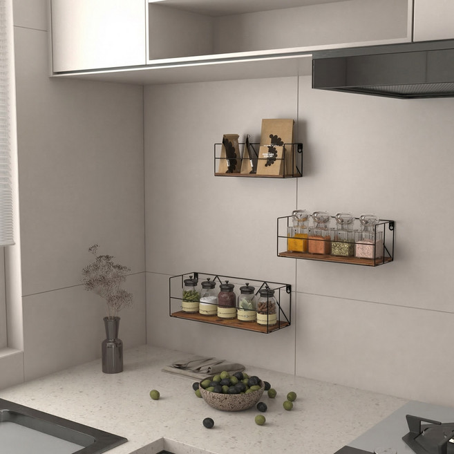 Olivet 벽걸이형 수납 선반 원목 벽걸이 선반 다기능 수납 선반, 3단, 갈색