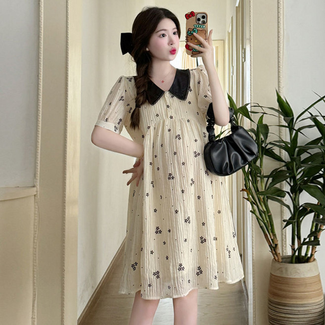 여름 임부 미니 원피스 플로럴 프린트 원피스 소매 중간길이 귀여운 와플 카라 패션 드레스 JS