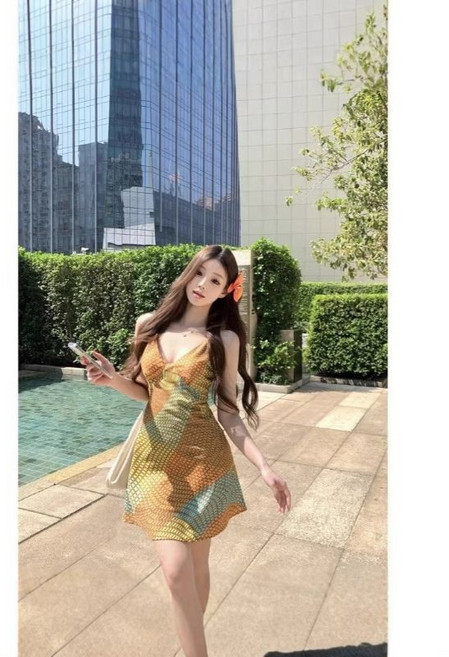 復古度假風吊帶連衣裙 夏季新款時尚撞色修身顯瘦短裙, 圖片色