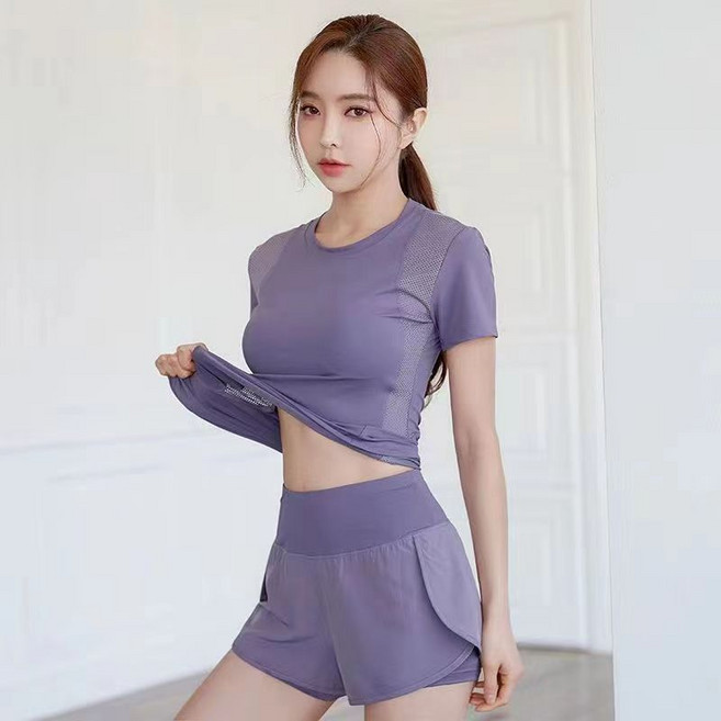 健身套裝女夏薄款寬松跑步速干網孔透氣瑜伽運動服, 1個, 灰紫色兩件套L 109-122斤