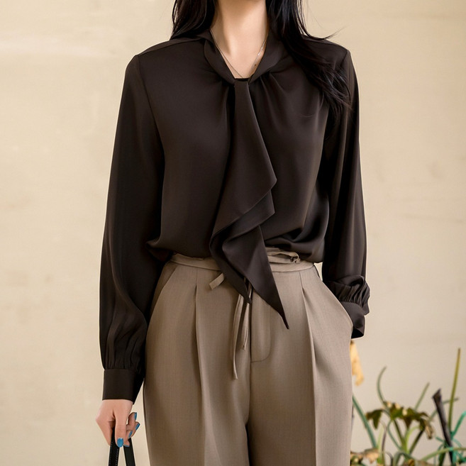 초콜렛 브라운 타이넥 블라우스 폴리 럭셔리 여성블라우스