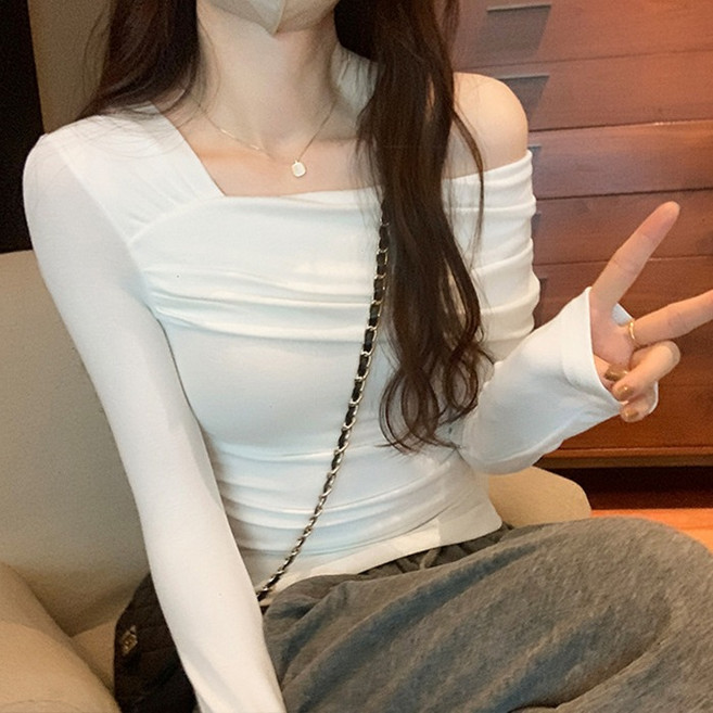 cammello 타이트 원숄더 슬림핏 셔링 긴팔 티셔츠 오프숄더 크롭티