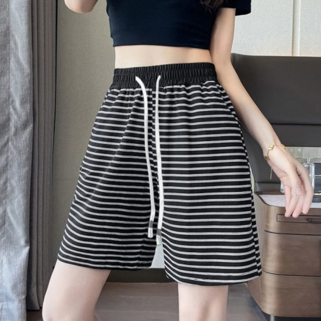 Makone 여성 쿨링 스트라이프 데일리 반바지 베이직 허리밴딩 캐주얼 와이드 5부 바지 심플 트레이닝 팬츠