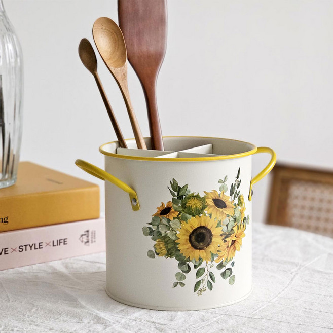 레트로 해바라기 일러스트 양손 물빠짐 수저통 3종 주방 인테리어 소품, 1개