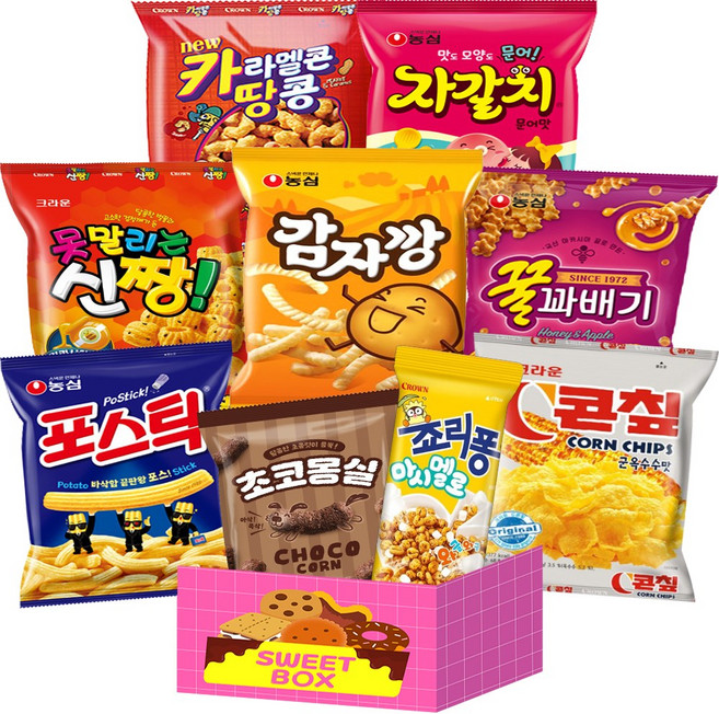 소소 세트 카라멜콘땅콩46g 콘칲44g 죠리퐁마시멜로35g 신짱73g 자갈치30g 꿀꽈배기30g 포스틱30g 감자깡30g 몽실22g, 1개