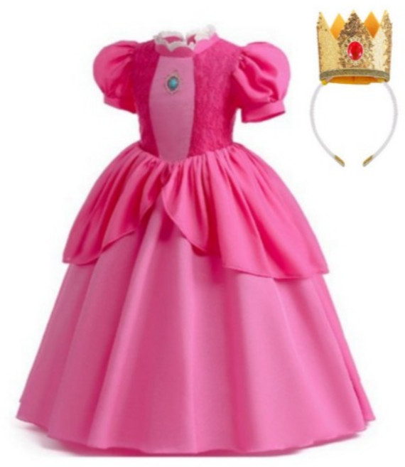 슈퍼 피치 공주 여아 드레스 왕관 코스프레 핑크 프린세스 어린이 마리오 코스튬 의상