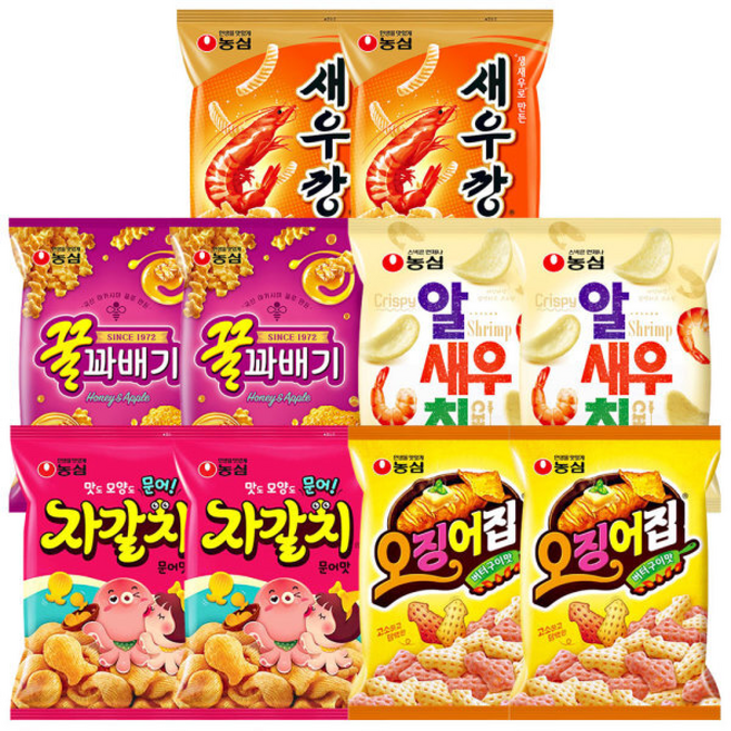 농심 (새우깡 + 꿀꽈배기 + 알새우칩 + 자갈치 + 오징어집) 씩 총 /과자 간식 스낵, 10개, 90g