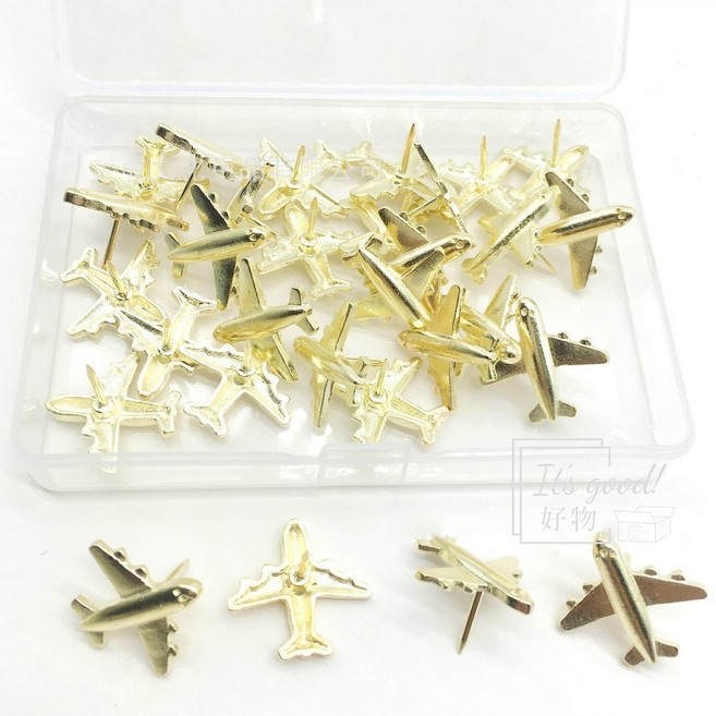 It's good! 好物 飛機造型圖釘，創意地圖釘公告欄裝飾, 1個, 【金色】金屬飛機造型圖釘(12只入)