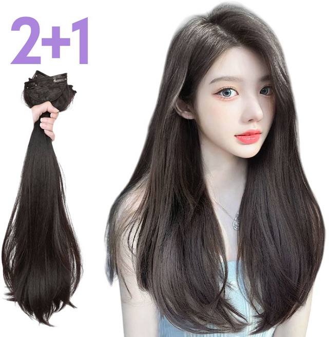 LEOQ 긴머리 붙임머리 부분가발 똑딱이 c컬 헤어피스, 내츄럴블랙, 3개