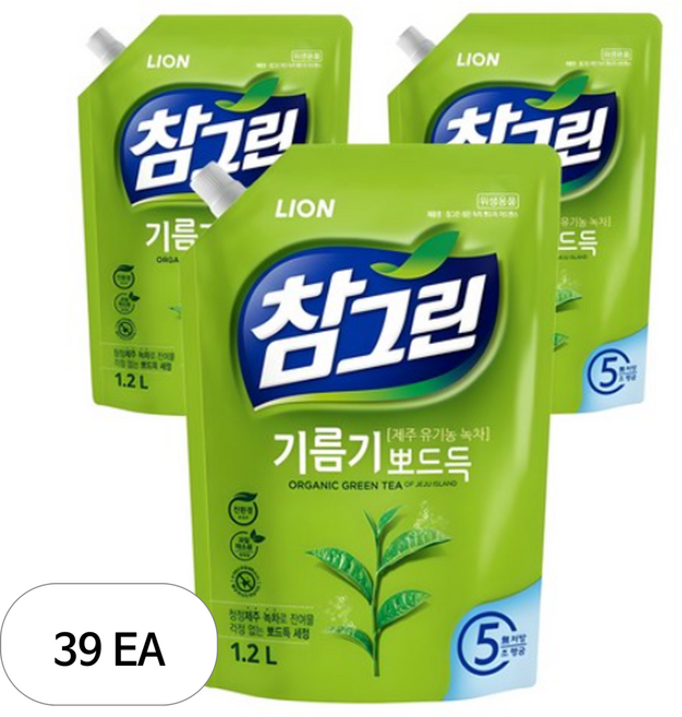 참그린 레몬 녹차 뽀드득 어드밴스 주방세제 리필, 1.2L, 39개