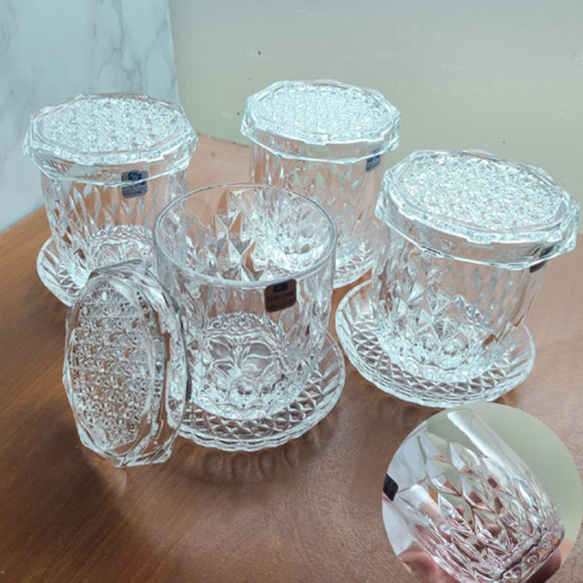 크리스탈 컵세트 4조 12p / 컵받침 뚜껑 유리컵 컵, 투명, 1세트