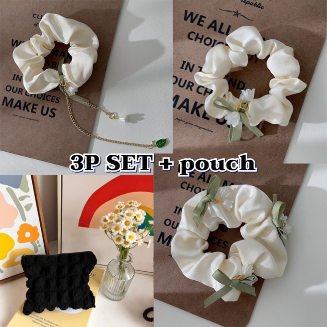 [3개세트+파우피증정] 은방울꽃 곱창밴드 헤어끈 머리끈 셀프웨딩