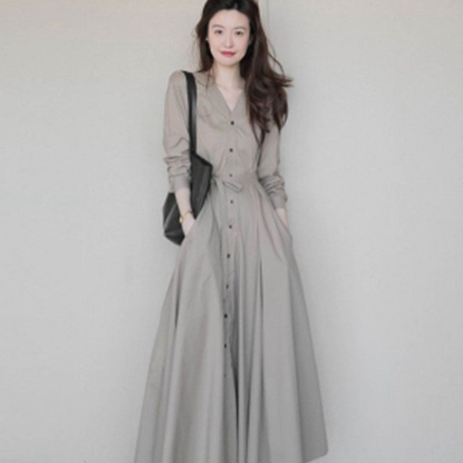長袖連身洋裝 法式高級剪裁 氣質顯瘦修身裙裝, 灰色,S