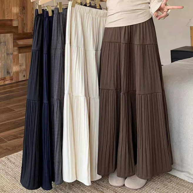 로르카 여성 플리츠 밴딩 하이웨스트 루즈핏 캐주얼 데일리 A라인 롱 스커트 S031407