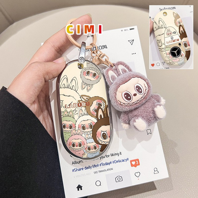 賓士 汽車鑰匙皮套 專用保護套 C200L E300L GLC300 新款卡通造型鑰匙掛件, 1個, Benz-E款, 拉佈佈小隊+棕掛件