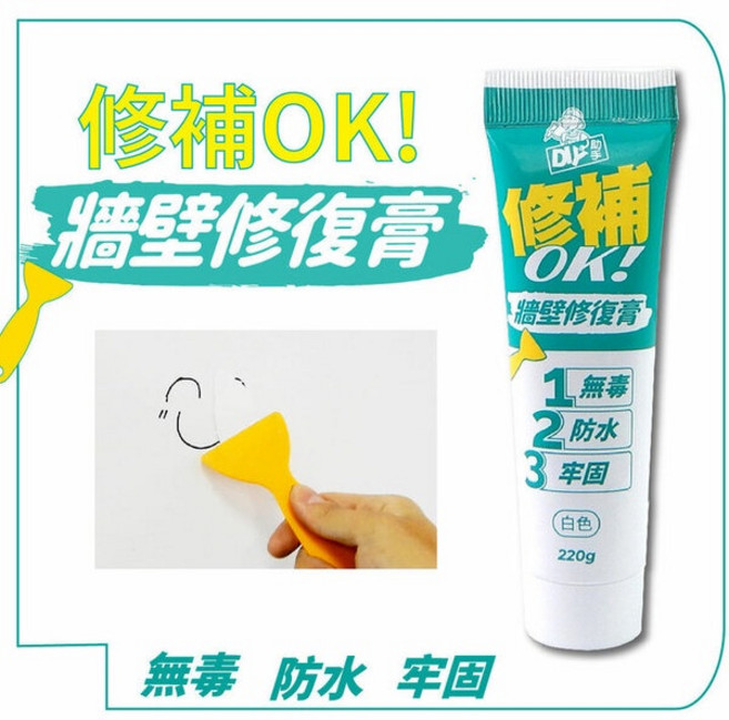 Dr. House 歐樂克修繕家 無痕防水牆面修復膏 牆壁壁癌修補膏 凹洞裂縫填補膏, 1個, 2支/220g/白色/付刮板+砂紙