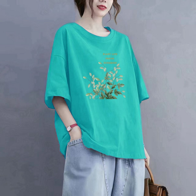 純棉圓領媽媽裝短袖T恤女夏季寬鬆休閒印花上衣