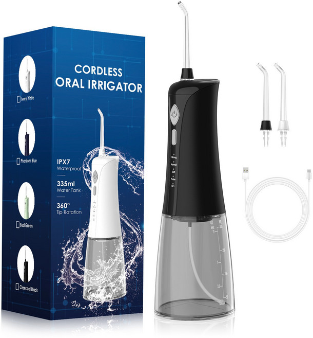 PYHO 치아교정 휴대용 무선 구강세정기 물치실 335ml 대용량 완전방수, 검정색, CYQ241