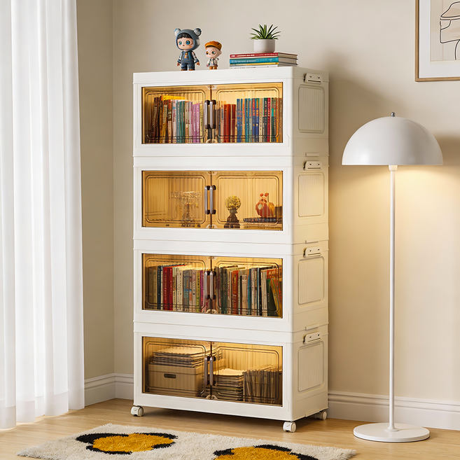 70cm 이동식 접이식 수납장 와이드 대용량 플라스틱 박스, 투명색-4단