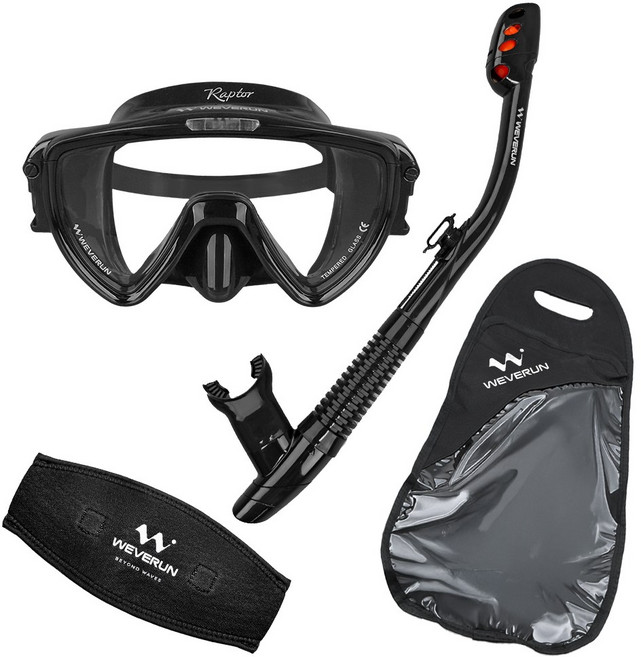 위베런 랩터 스노클링 마스크 세트 미러렌즈 자외선차단 + 머리엉킴방지 스트랩커버 + 고급가방, 투명 블랙 세트