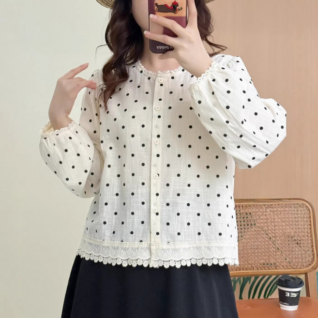 DUOMIHAN여성 블라우스 도트무늬 레이스 포인트 라운드넥WZS60318