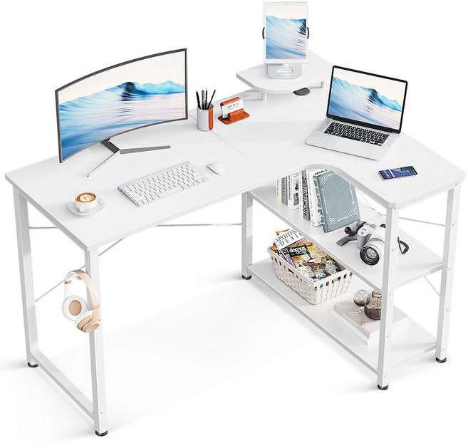 AODK 오른쪽 선반 코너형 컴퓨터 데스크 헤드셋 거치대 포함 책상 ㄱ자, 흰색, 1