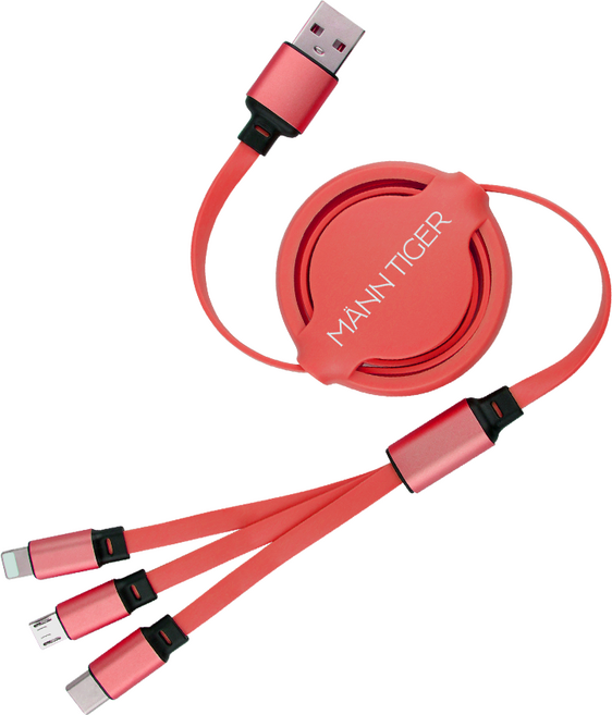 [1+1] 만타이거 3in1 USB 멀티 릴타입 고속충전 케이블, 2개, 레드, 1.2m