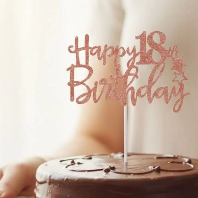閃亮18歲生日快樂插牌，皇冠裝飾，蛋糕裝飾, 玫瑰金星星蛋糕插, 1個