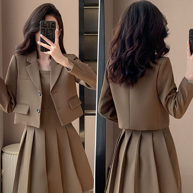 FANSYLI 정장 원피스 세트 숏 정장 재킷+나시 원피스 투피스 하객룩 오피스룩 패션 심플 학원풍 플리츠 원피스 세트 X2509S18