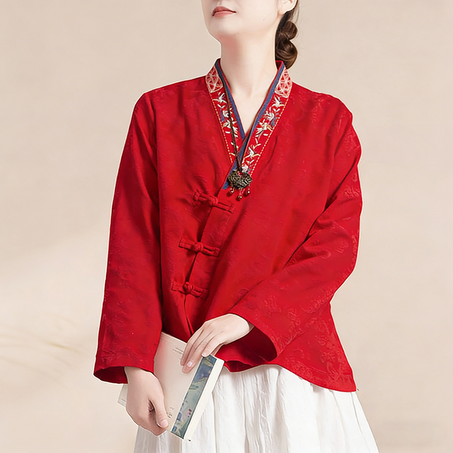 ORZQU 봄가을 여성 개량한복 자수 단추 면마 긴팔 카디건 캐주얼 넓은 핏 상의