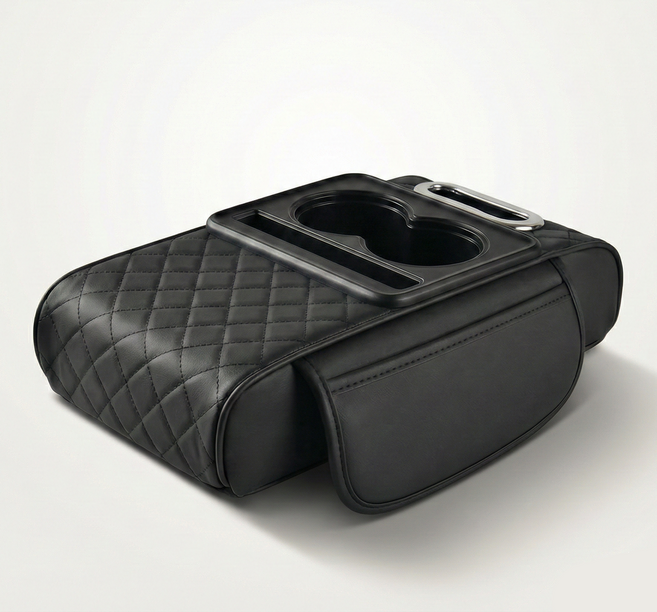 카프릭스 차량용 콘솔 쿠션 팔걸이 쿠션 컵홀더 수납 겸용 다이아 퀄팅 자수, 1개, 블랙