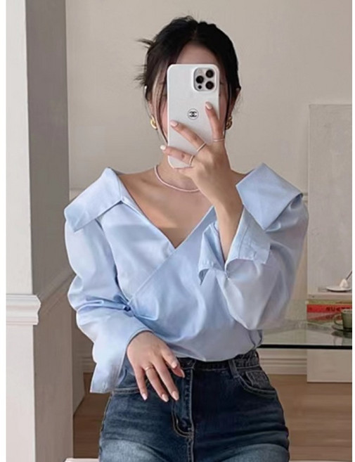 쪼예 브이넥 카라 오프숄더 셔링 셔츠 블라우스