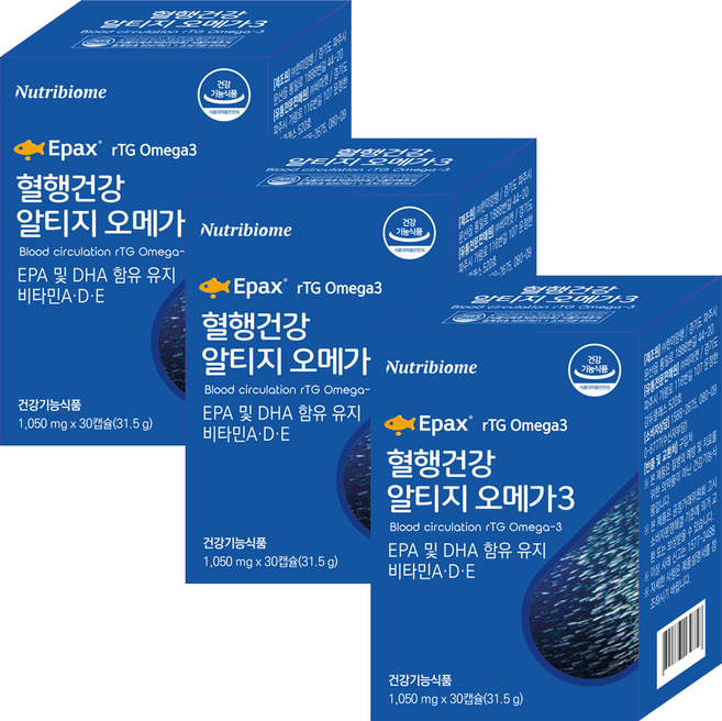 뉴트리바이옴 혈행건강 rTG알티지 오메가3 EPA & DHA 함유유지 비타민 A D E, 30정, 3개