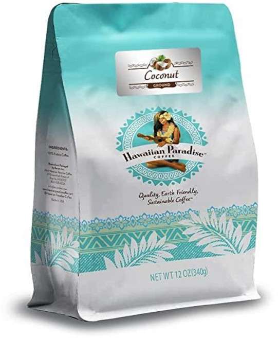 Hawaiian Paradise Coffee 코코넛 맛 그라운드 커피 355ml(12온스) 백 100% 아라비카 원두 프리미엄 리치 맛 원두 지속 가능한 로스트, 1개, 355ml