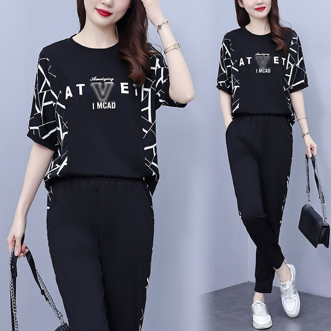 빅사이즈 여성 여름 트레이닝 상하의 루즈핏 프린팅 반팔티 조거팬츠 세트