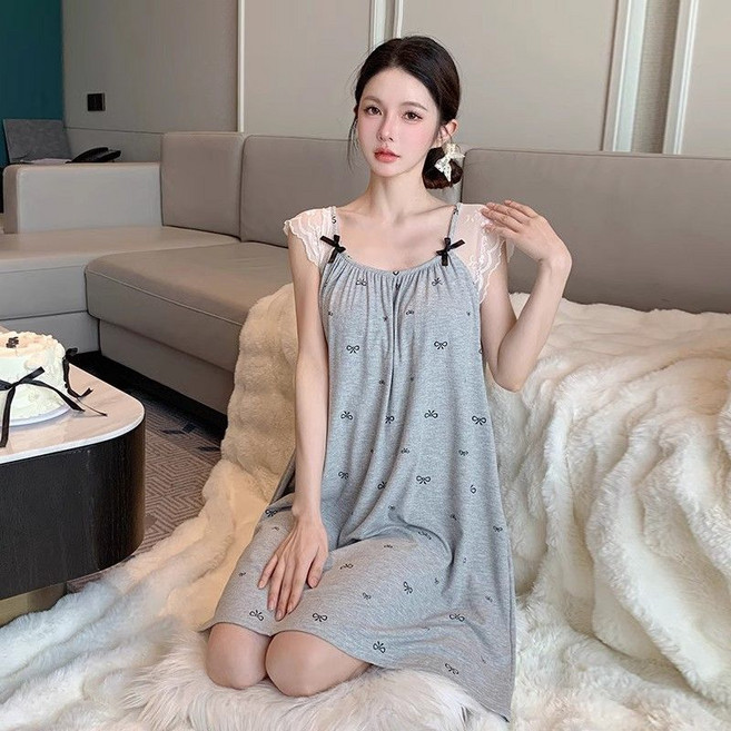 여성 반팔 잠옷 원피스 빅사이즈 섹시 레이스 패치 나시 원피스 실내복 여름 여자 홈웨어 원피스 YSQ