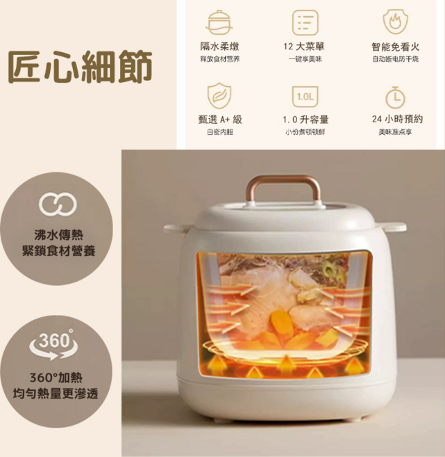 多功能電子蒸蛋器 1.0L 容量 24小時預約 智能模式, 中型白色