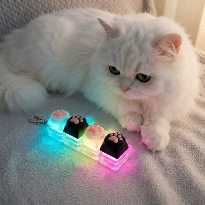 오브제이스 귀여운 LED 고양이 스트레스 해소 피젯 키캡 키보드 딸깍이 키링, 1개, 모노 냥냥이